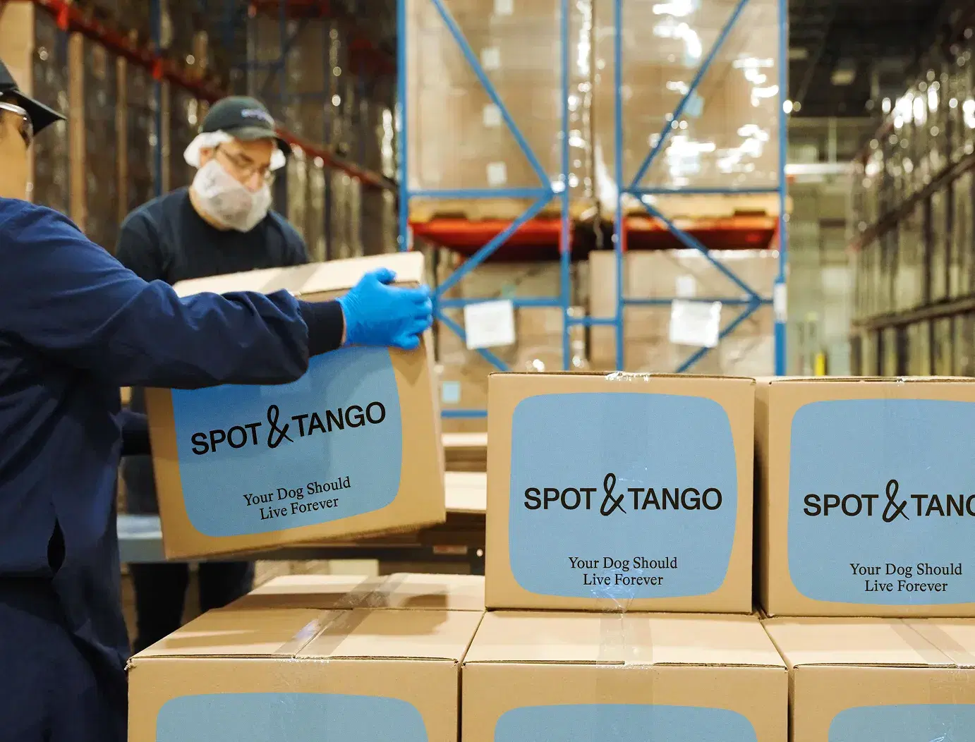Allentown manufacturing facility employee packing Spot and Tango branded boxes